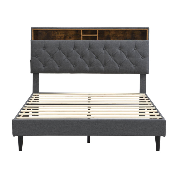 Modern Upholstered Platform Bed Frame With Button Tufted Headboard And USB Ports