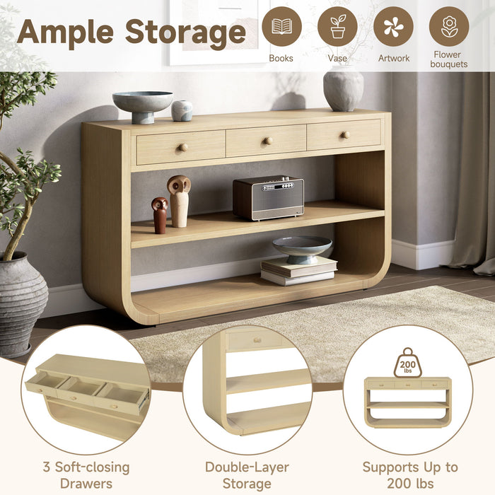 Console Table With 3 Soft Close Drawers & 2 Open Shelves - Natural