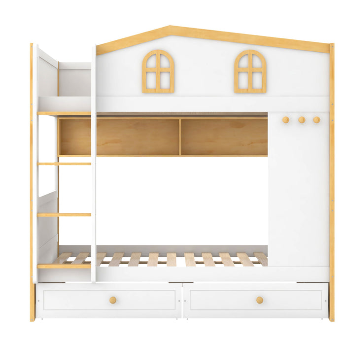 Bunk Bed With House Shaped Guardrails, Storage Shelves, And Trundle