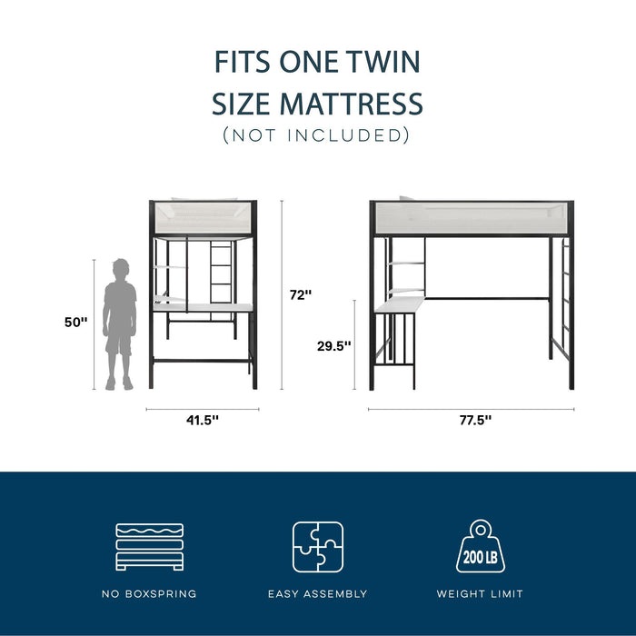 Axel - Twin Loft Bed With Desk & Shelves - Black