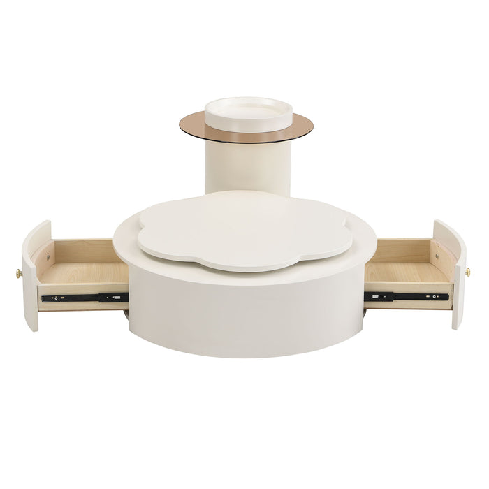 Modern Round Coffee Table (Set of 2), 360 Degree Rotatable Flower Shaped Top With 2 Drawers, Top Circle Side Table End Table With Glass For Living Room - Off White