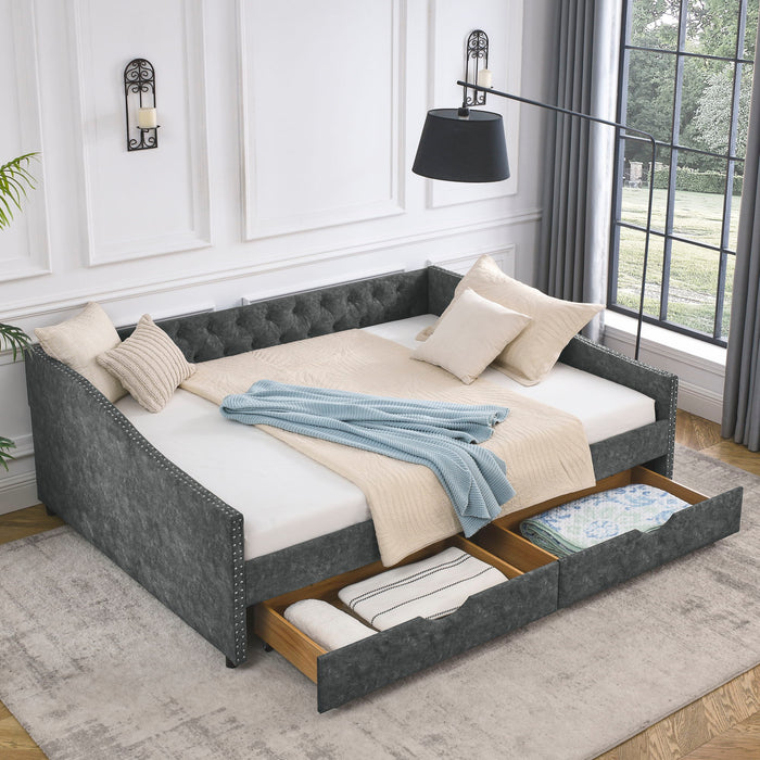 Queen Size Upholstered Daybed With Tufted Back And Nail Trimmed Waved Arms - Gray