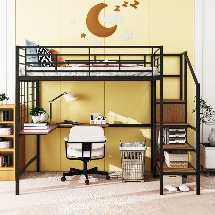 Loft Bed With Desk And Grid, Stylish Frame With Lateral Storage Ladder And Wardrobe