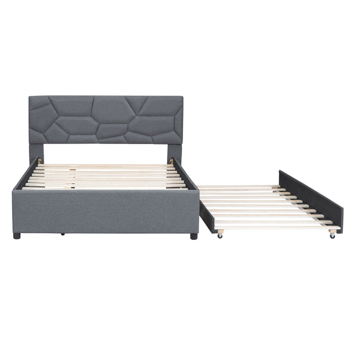 Upholstered Platform Bed With Brick Pattern Headboard And Twin Long Size Trundle