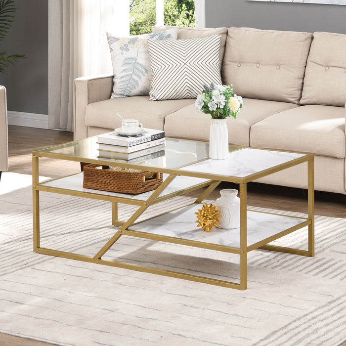 Golden Coffee Table With Storage Shelf, Tempered Glass Coffee Table With Metal Frame For Living Room & Bedroom