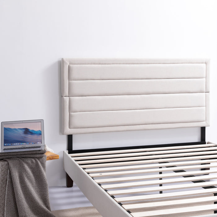 Upholstered Platform Bed Frame Full / Headboad And Storage /Wood Slat Support / Beige