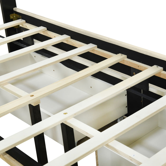 Upholstered Platform Bed With 2 Drawers And 1 Trundle, Classic Strip Headboard Design