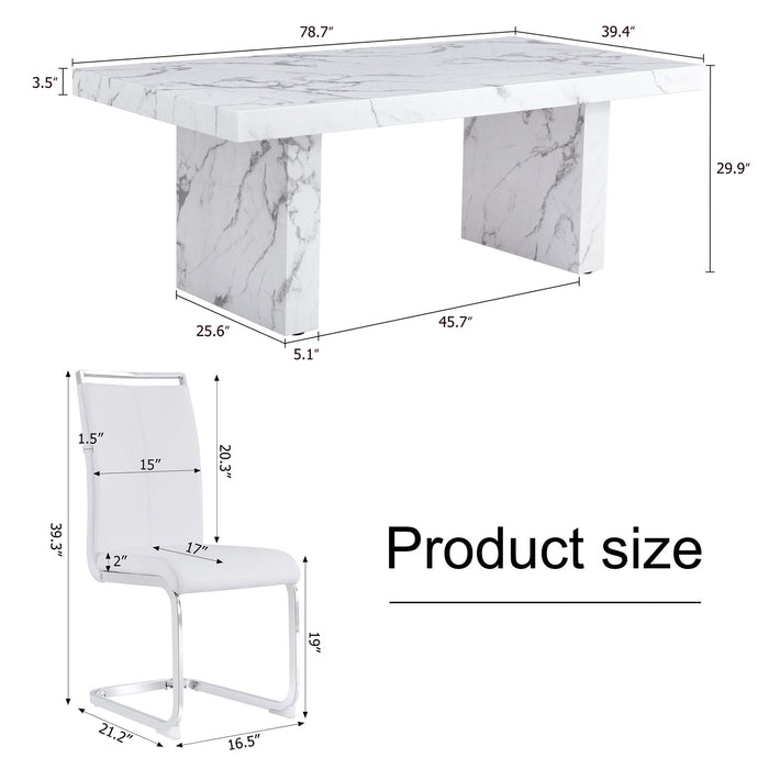 One Piece Of White MDF Material With Patterns On The Dining Table 8 PU Synthetic Leather High Backrest Cushioned Side Chairs With C-Shaped Silver Metal Legs