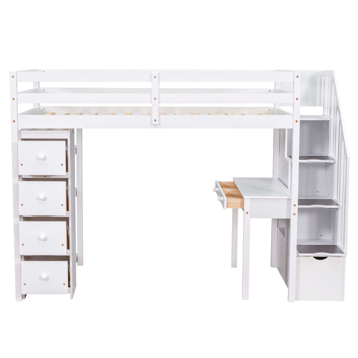 Loft Bed With Storage Drawers, Desk And Stairs With Shelves