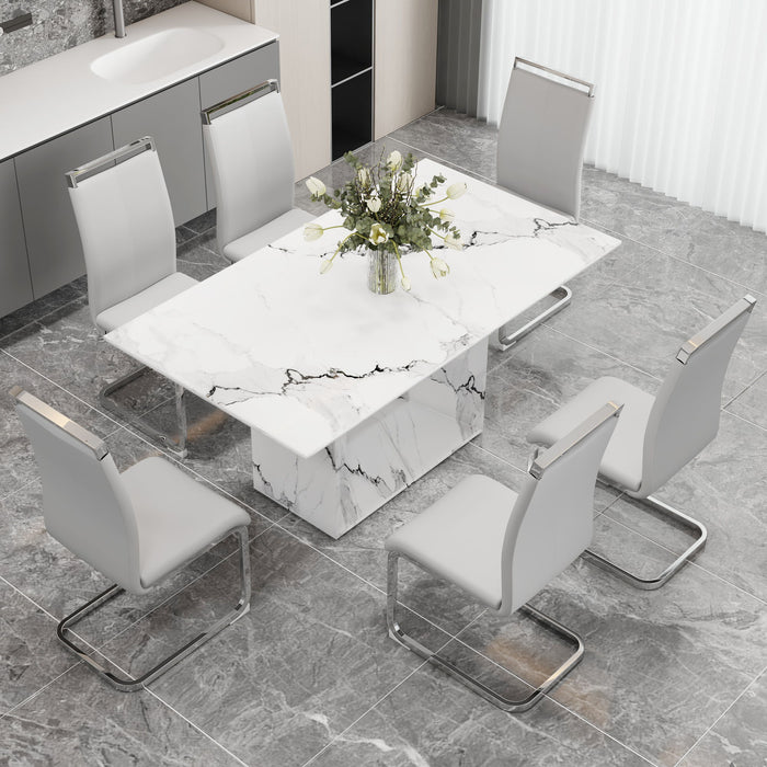 A Simple Dining Table. A Dining Table With A White Marble Pattern 6 PU Synthetic Leather High Backrest Cushioned Side Chairs With C-Shaped Silver Metal Legs