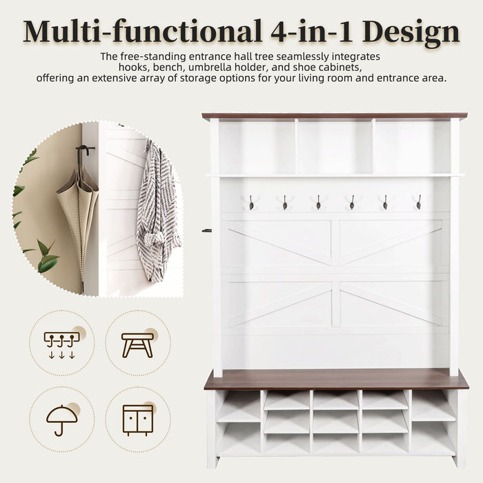 4 In 1 Hall Tree With 6 Hooks, Entryway Bench With Adjustable Shelves - White