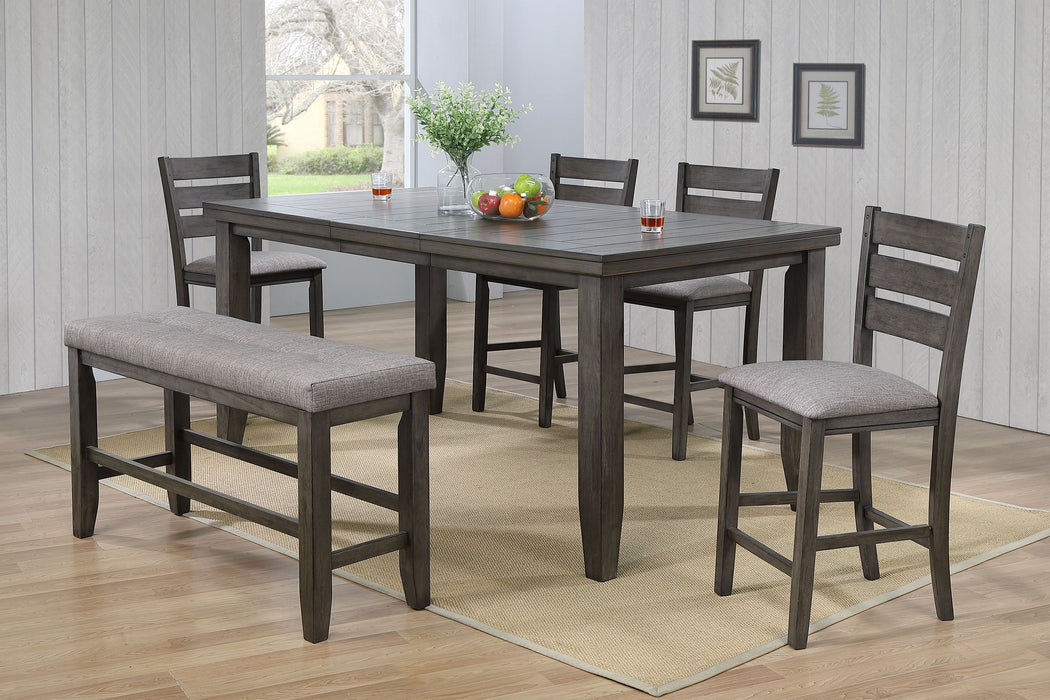 Contemporary 6 Pieces Counter Height Dining Set 18" Extendable Leaf Table Gray Fabric Upholstered Chair Bench Seats Gray Finish Wooden Solid Wood Dining Room Wooden Furniture