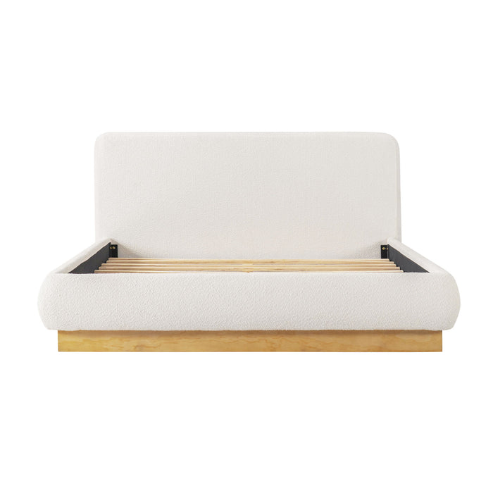Queen Size Upholstered Platform Bed Frame, No Box Spring Required - Natural / White