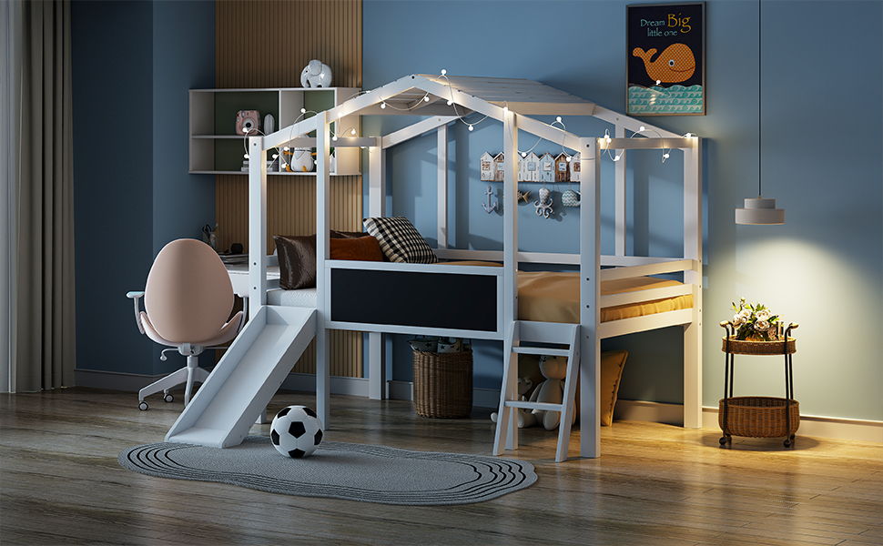Loft House Bed With Ladder And Slide, With Blackboard And Light Strip On The Roof