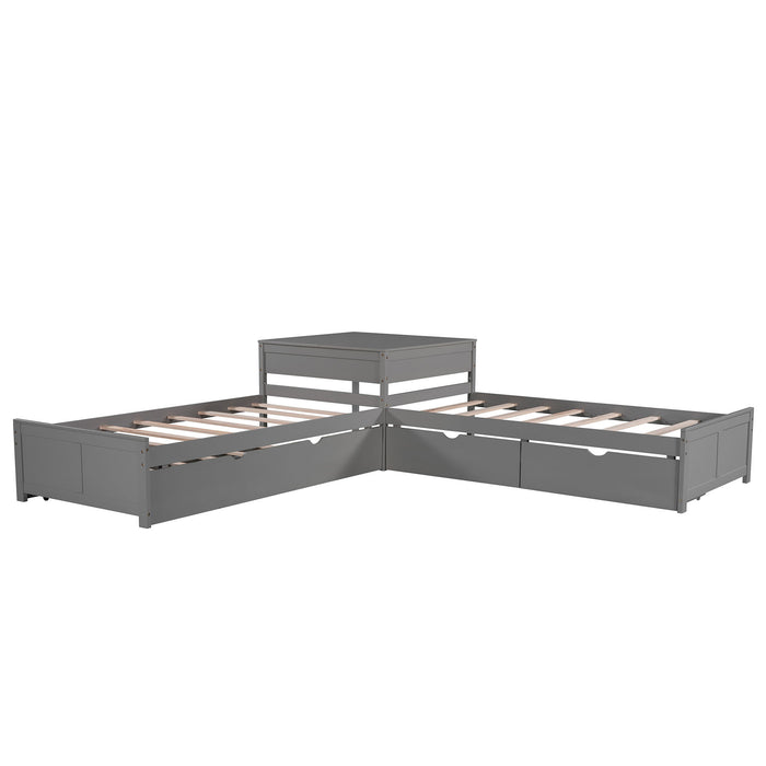 L Shaped Platform Bed With Trundle And Drawers Linked With Built In Desk