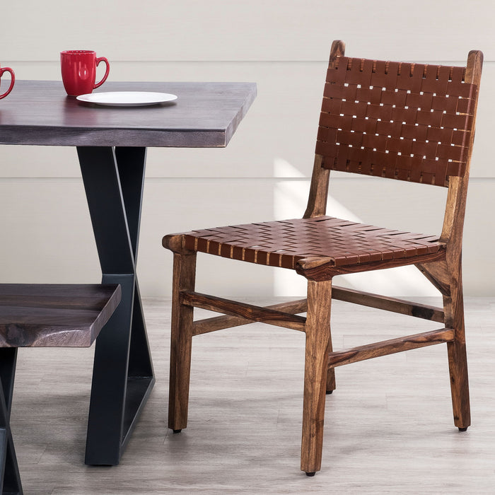 Rustic Wooden Dining Chair (Set of 2) With Genuine Leather Woven Upholstery - Brown