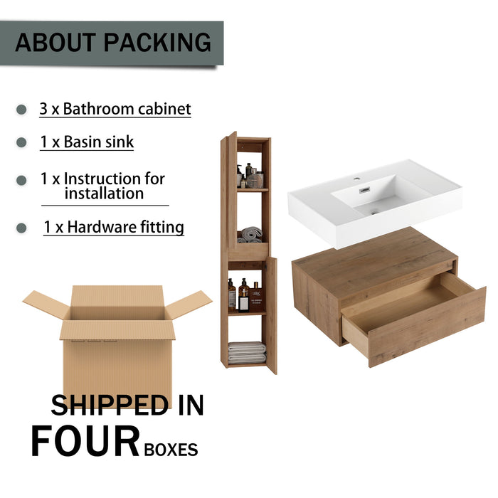 Modern Wall Mounted 30 Inch Bathroom Vanity With Resin Sink And 2 Side Cabinet In Imitative - Imitative Oak