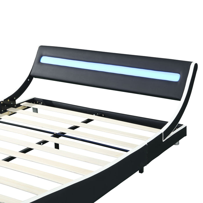 Faux Leather Upholstered Platform Bed Frame With LED Lighting, Curve Design, Wood Slat Support, No Box Spring Needed, Easy Assemble, Queen Size - Black And White