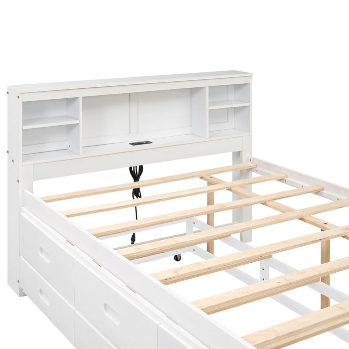 Platform Bed With Storage Headboard, USB, Trundle And 3 Drawers