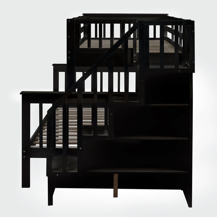 Bunk Bed With Twin Size Trundle, Storage And Guard Rail For Bedroom