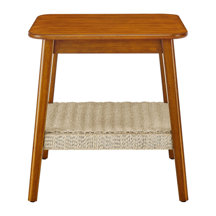 Mid - Century Square Side Table With Woven Shelf - Walnut