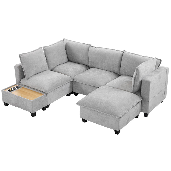 U-Shaped Sectional Modular Sofa With A Movable Ottoman, A Coffee Table With Hidden Charging Devices For Living Room