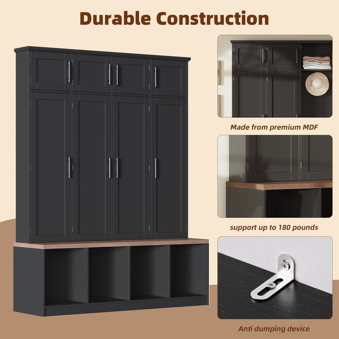 Farmhouse Hall Tree With 4 Hidden Hanging Hooks And 8 Doors