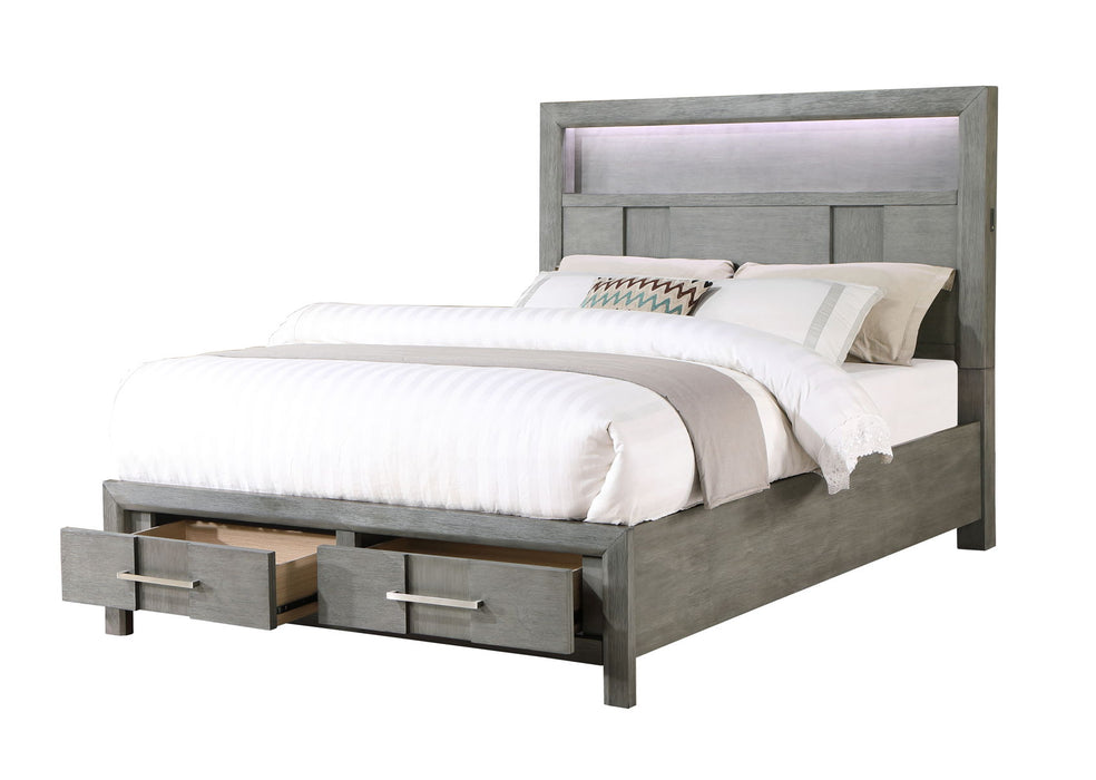 Kenzo Modern Style Queen 4 Piece Storage Bedroom Set Made With Wood, LED Headboard, Bluetooth Speakers & USB Ports - Grey