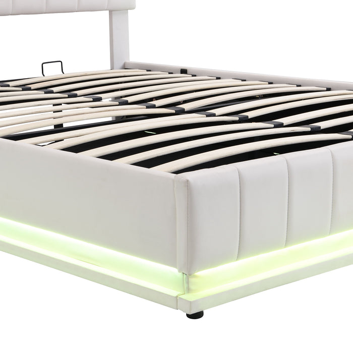 Upholstered Bed With Hydraulic Storage System And LED Light, With Sockets And USB Ports