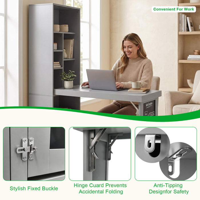 Folding Desk With Storage, Foldable Convertible Writing Table With Blackboard And Shelves For Home Office