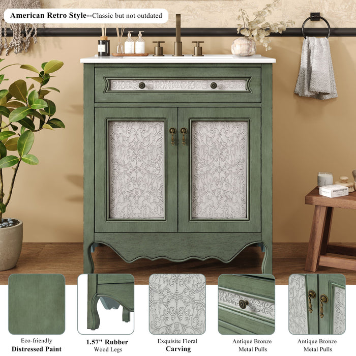 Bathroom Vanity With Rectangle Sink, Tip Out Tray - Antique Blue Green