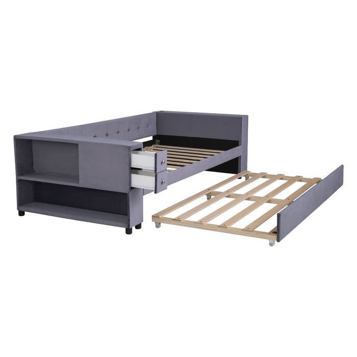 Upholstered Bed With Storage And Twin Trundle, USB Charging Ports