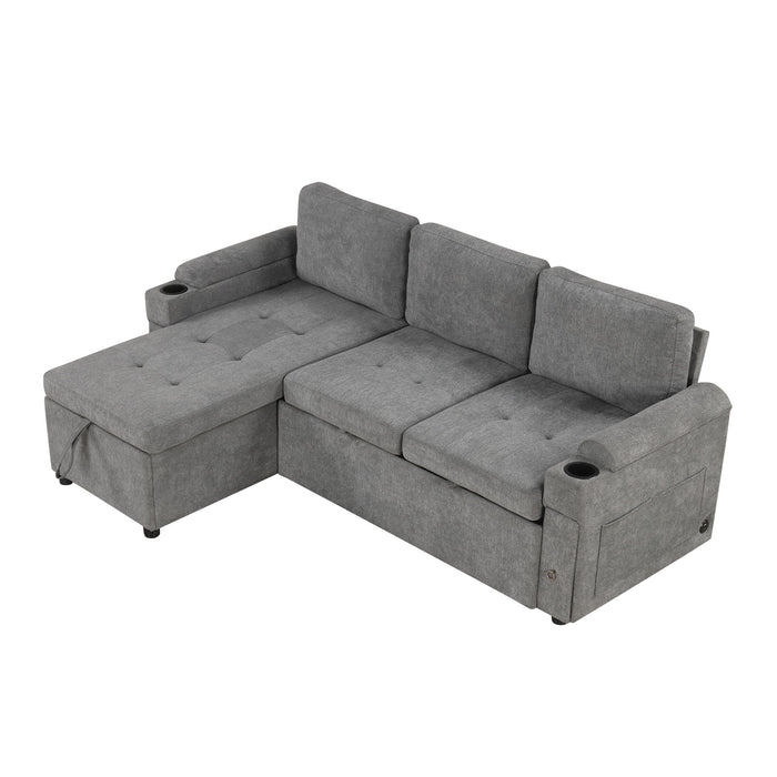 Convertible L Shaped Sofa Couch With Storage, Cup Holders, USB Ports