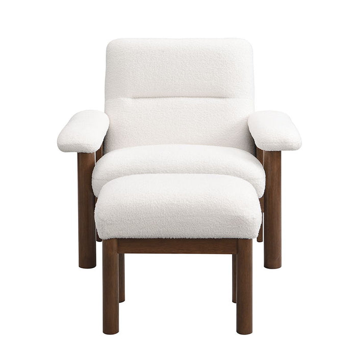 Modern Accent Chair With Ottoman, Mid Century Lounge Chair With Footrest, Comfy Fabric Armchair Upholstered Set With Solid Wood Frame For Living Room - White