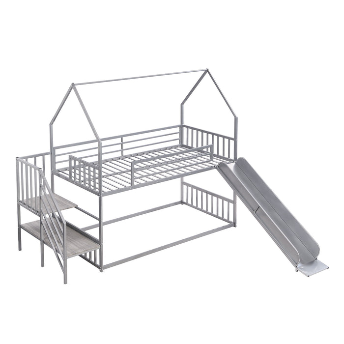 Twin Over Twin Metal Bunk Bed House Bed With Slide And Staircase