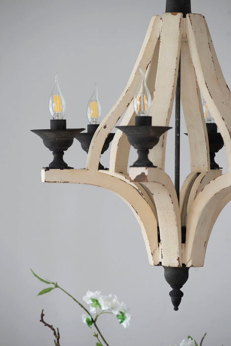 6 Light Wood Chandelier, Hanging Light Fixture With Adjustable Chain For Kitchen, Bulb Not Included - Cream