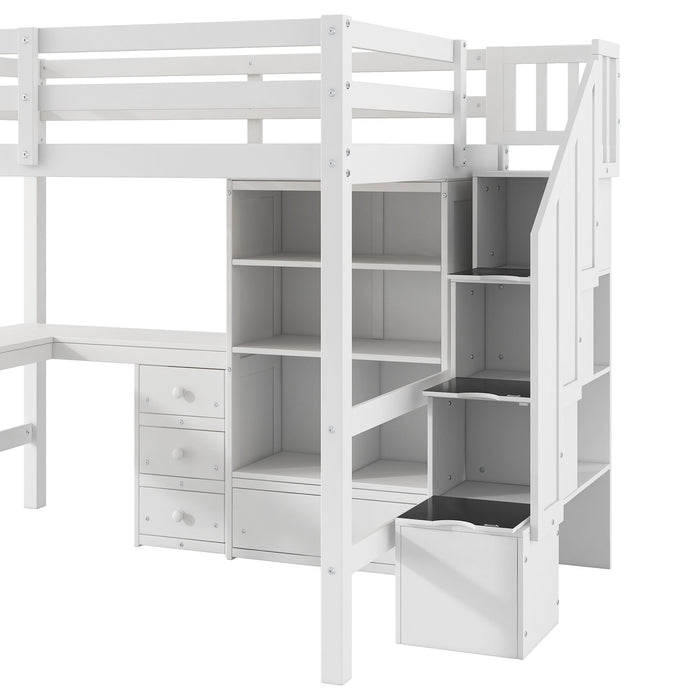 Loft Bed & L Shaped Desk, Drawers, Cabinet, And Storage Staircase