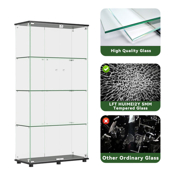 Modern Glass Display Cabinet With 4 Shelf Double Doors And Lock, Tempered Glass Bookshelf For Living Room - Black