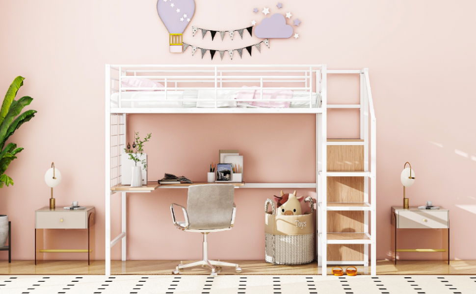 Loft Bed With Desk And Grid, Stylish Frame With Lateral Storage Ladder And Wardrobe