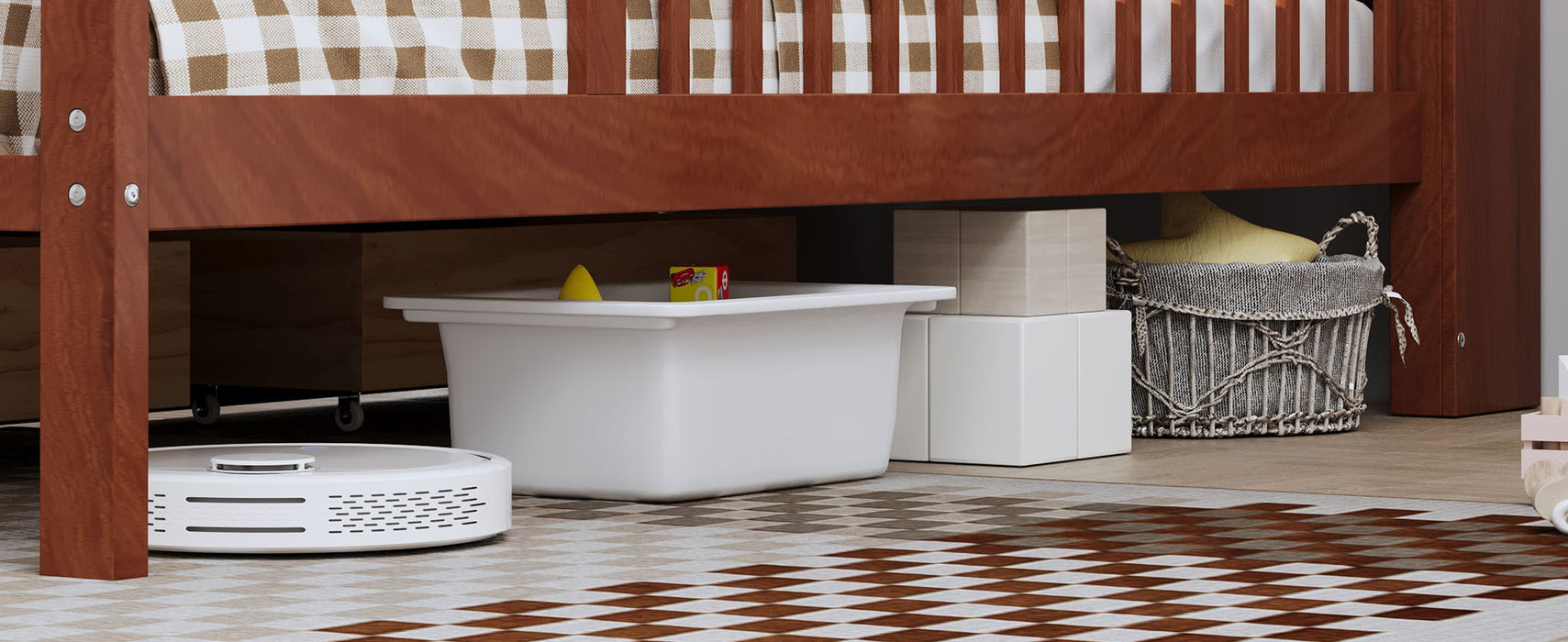 Bed With Headboard Storage Rack, 2 Under Bed Drawers, 3 Side Guardrails For Safety