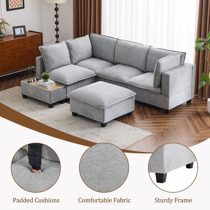 U-Shaped Sectional Modular Sofa With A Movable Ottoman, A Coffee Table With Hidden Charging Devices For Living Room