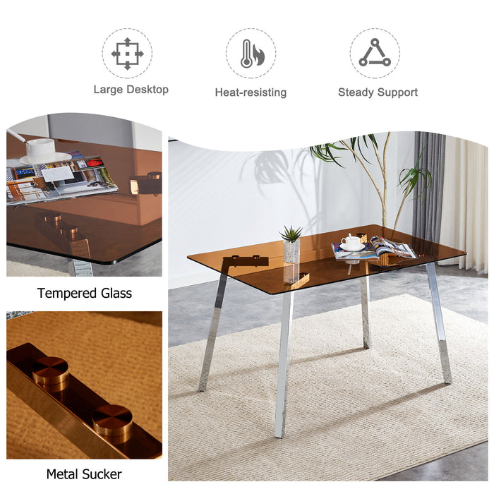 Modern Minimalist Style Rectangular Glass Dining Table, Brown Tempered Glass Tabletop And Silver Metal Legs, Suitable For Kitchen, Dining Room, And Living Room