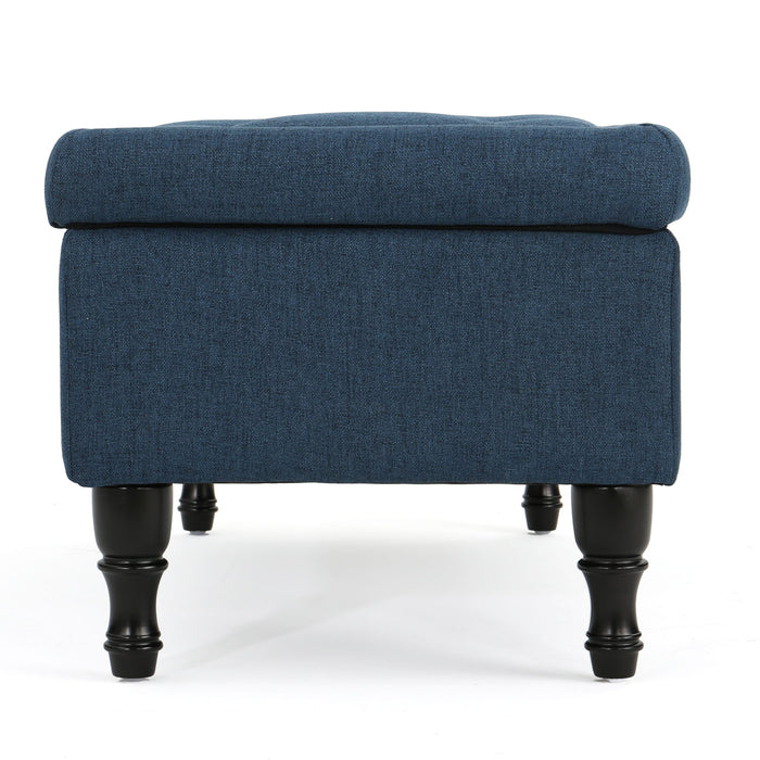 Hyatt - Suede Storage Ottoman With Tufted Top And Dark Wooden Legs - Navy Blue