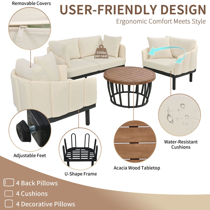 Topmax Luxury Modern 4 Piece Outdoor Iron Frame Conversation Set, Patio Chat Set With Acacia Wood Round Coffee Table For Backyard, Deck, Poolside, Indoor Use, Loveseat / Arm Chairs, Beige