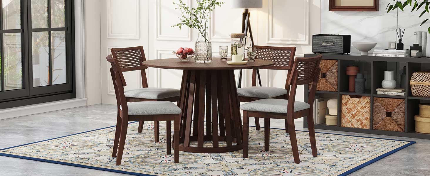 Trexm 5 Piece Retro Dining Set With 1 Round Dining Table And 4 Upholstered Chairs With Rattan Backrests For Dining Room And Kitchen (Walnut)