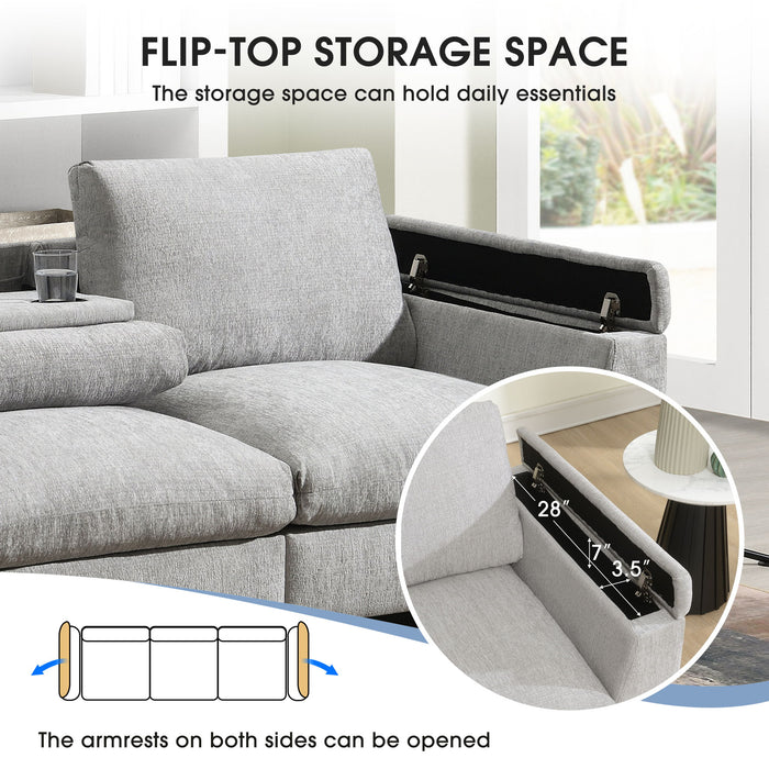 Sectional With Bluetooth Speaker Comfy Cloud Couch Set With Drop Down Table Cup Holders, USB Charger Storage Armrest Wide Seat Sofa
