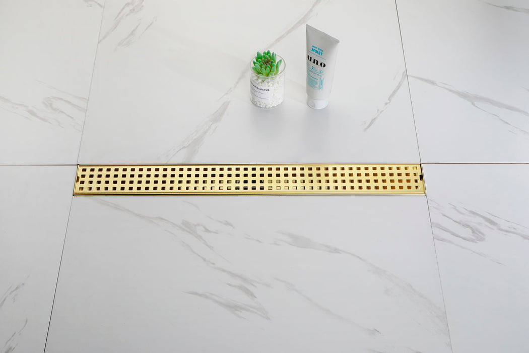 Square Shower Floor Drain With Flange, Pattern Grate Removable, Food - Grade SUS 304 Stainless Steel - Gold