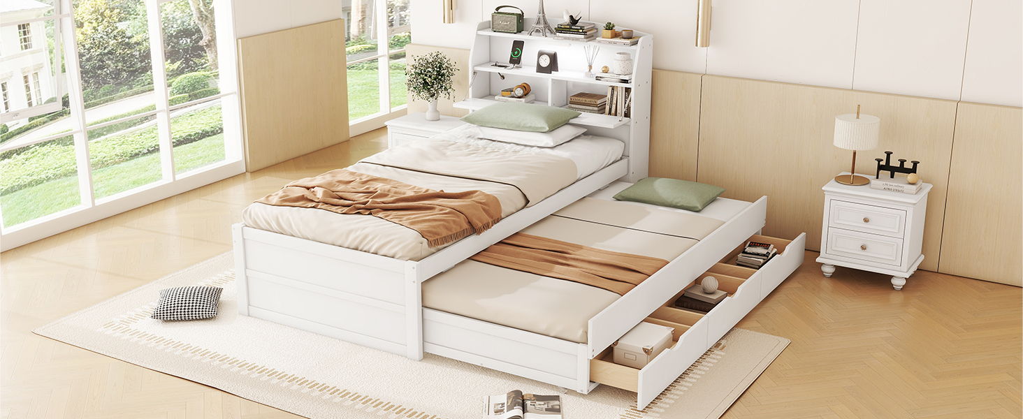 LED Platform Bed With Trundle With Storage Headboard With Drawers