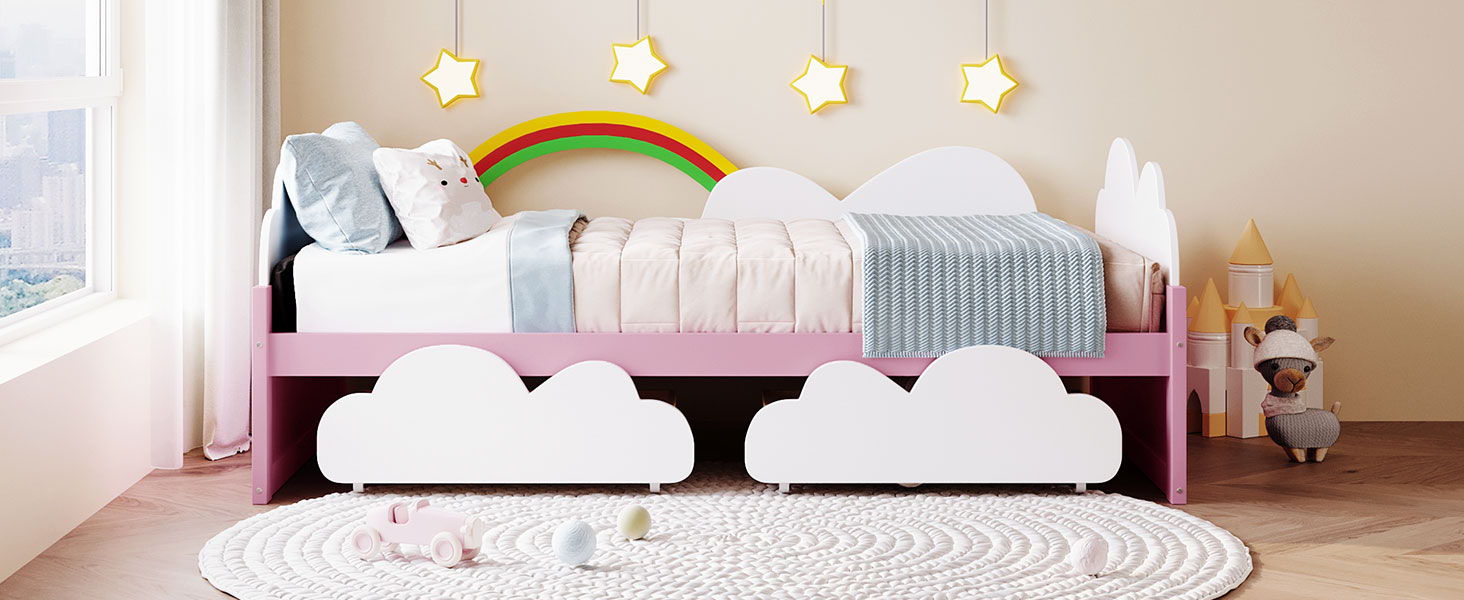 Twin Size Bed With Clouds And Rainbow Decor - Pink / White