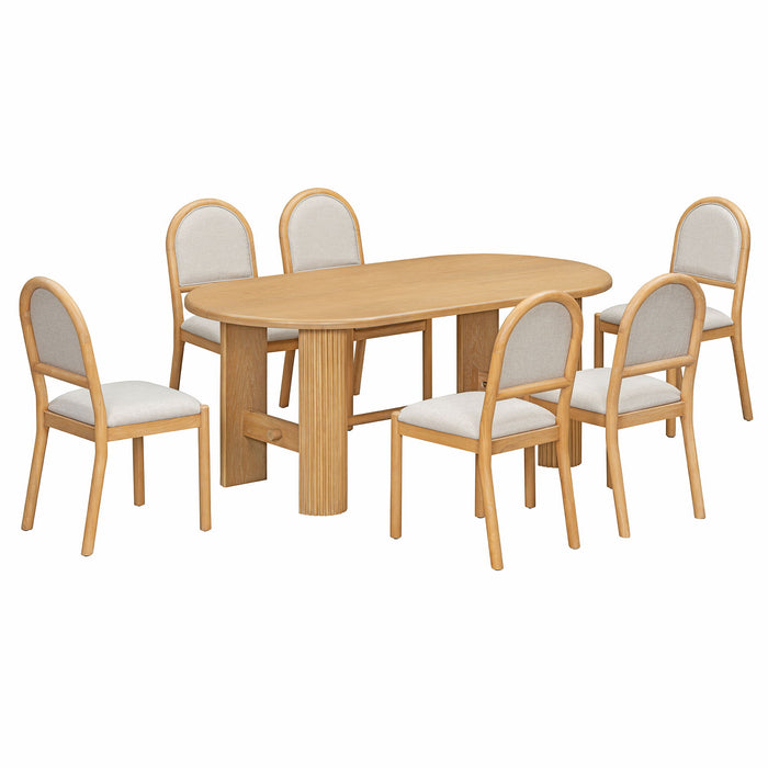 Oval Dining Table Set For 6 With Fluted Pedestal Base, 7 Piece Set Including 6 Upholstered Chairs